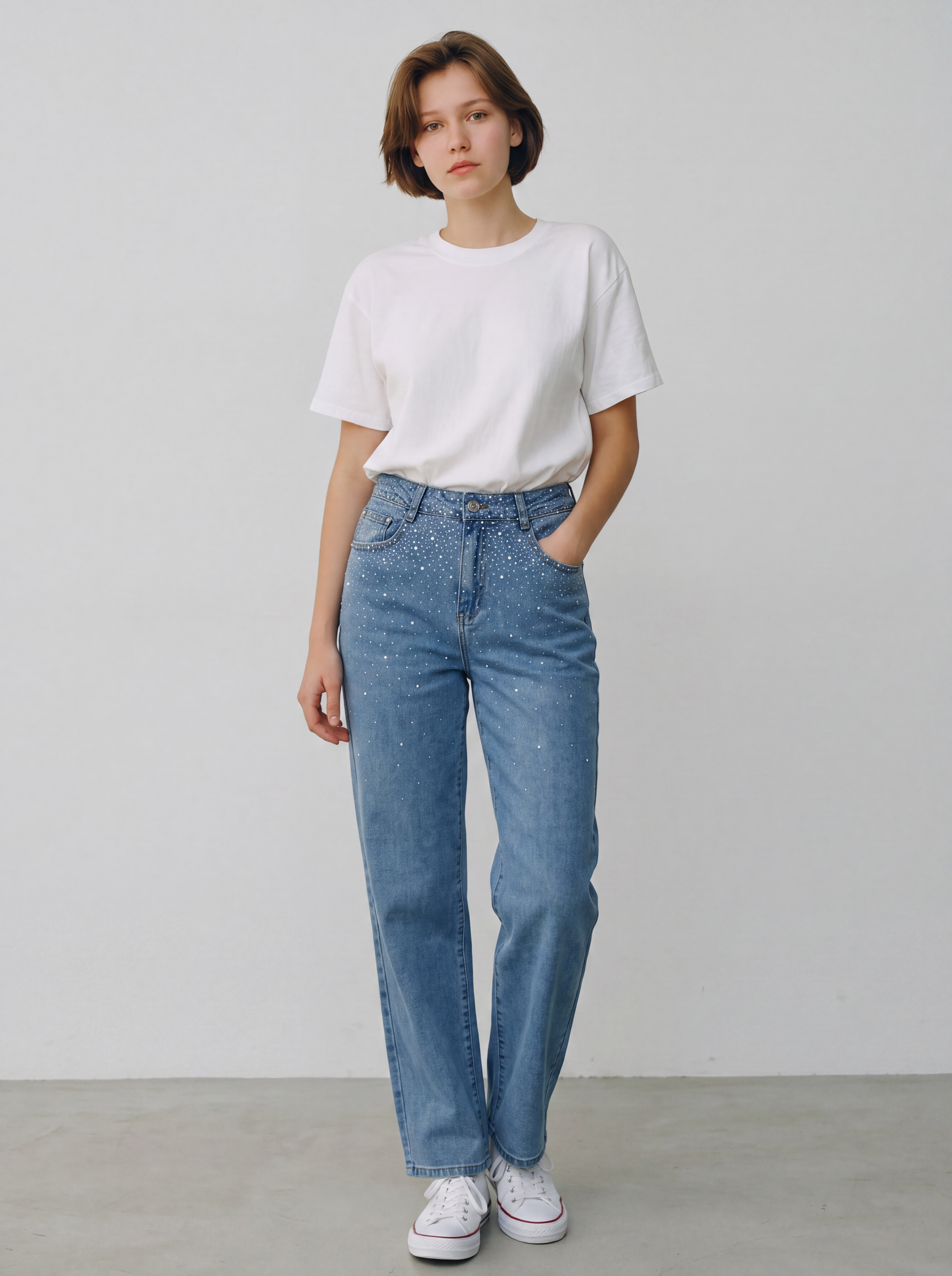 Jeans a Gamba Dritta con Dettagli di Strass