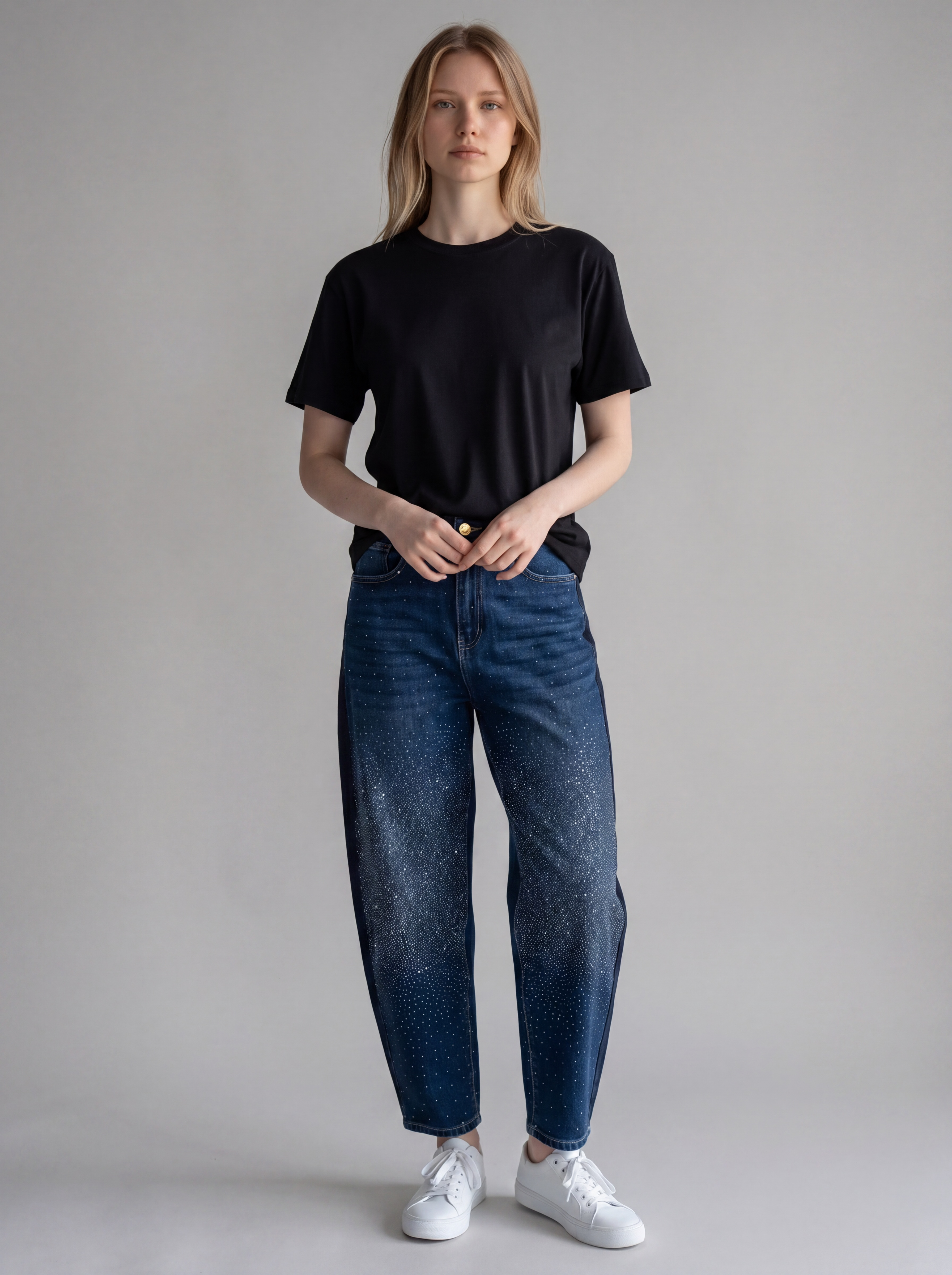 Jeans Balloon Lavaggio Scuro con Strass Luminosi