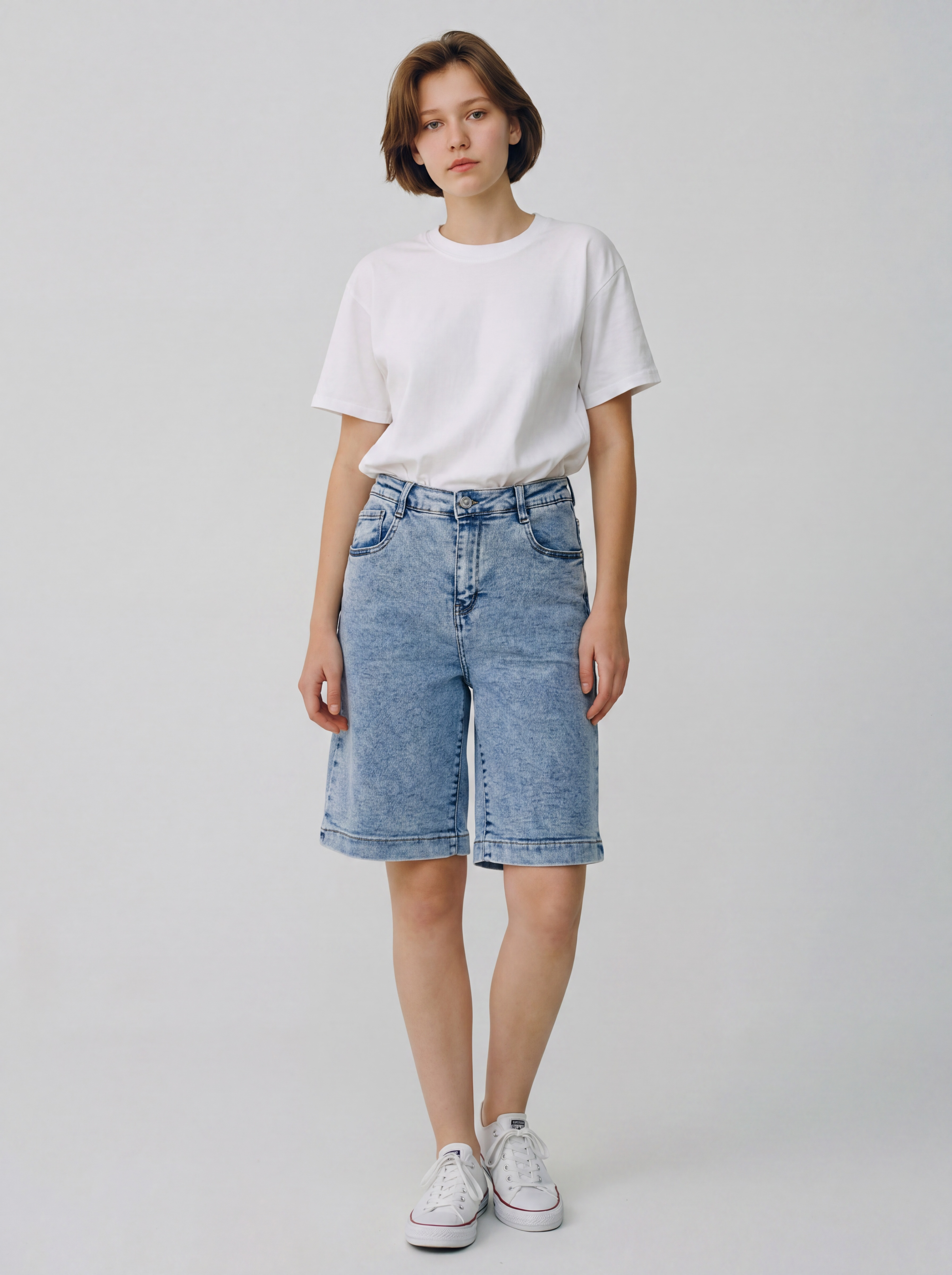 Bermuda Jeans Donna Lavaggio Chiaro a Vita Alta