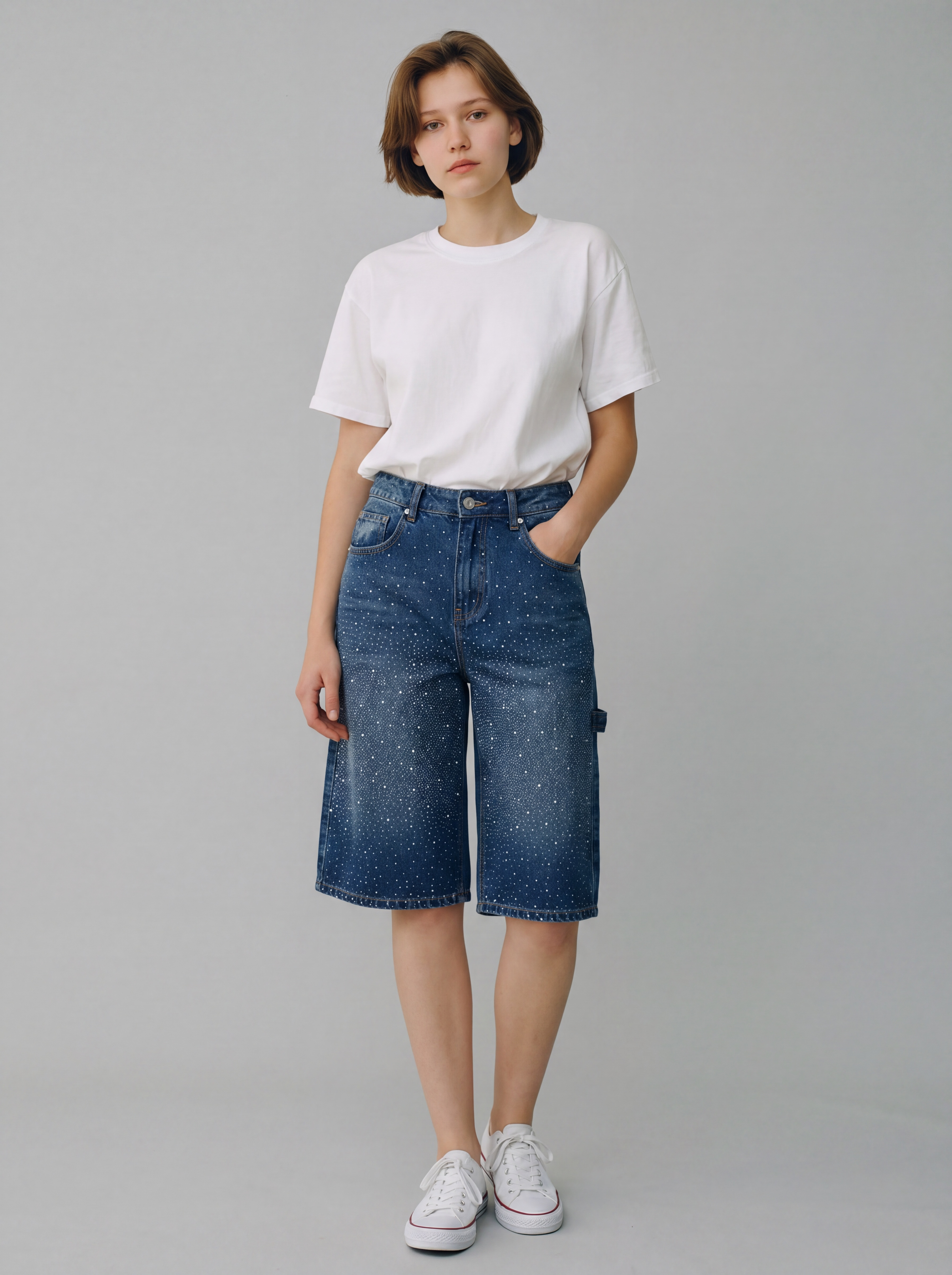 Bermuda Jeans Scuro Wide Leg con Pioggia di Strass