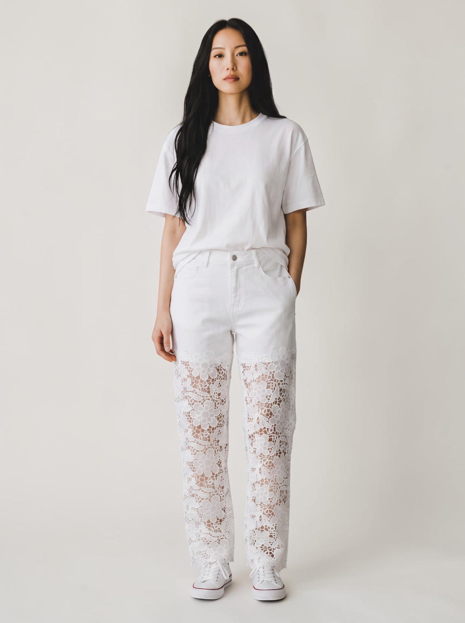 Jeans Wide Leg con Gamba in Pizzo Macramè