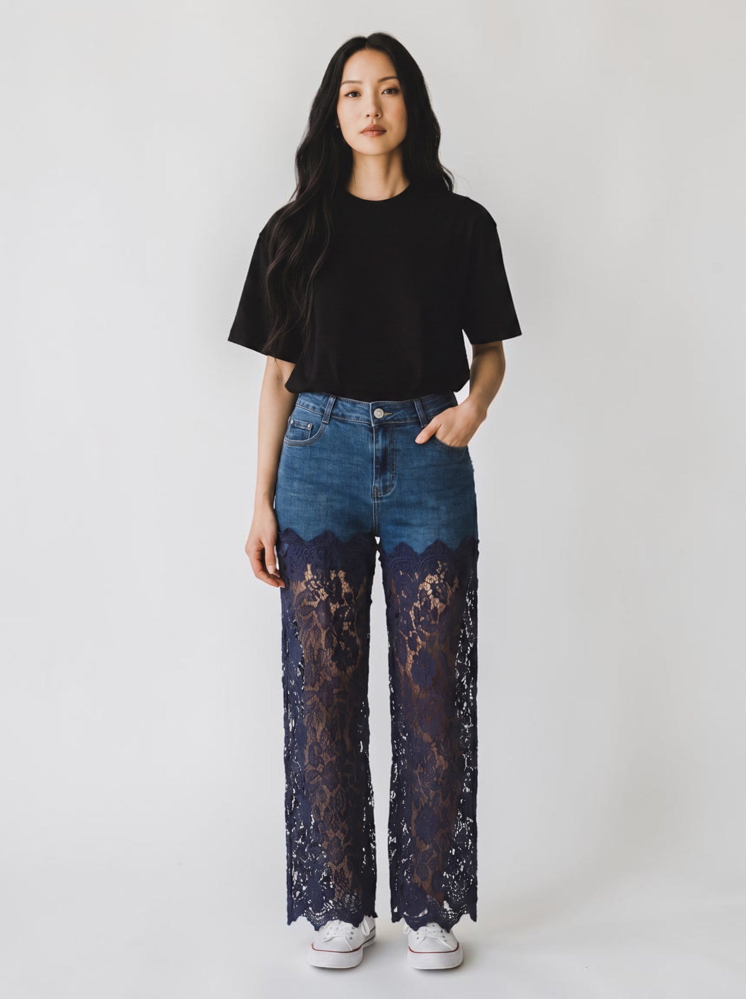 Jeans Wide Leg con Gamba in Pizzo Macramè