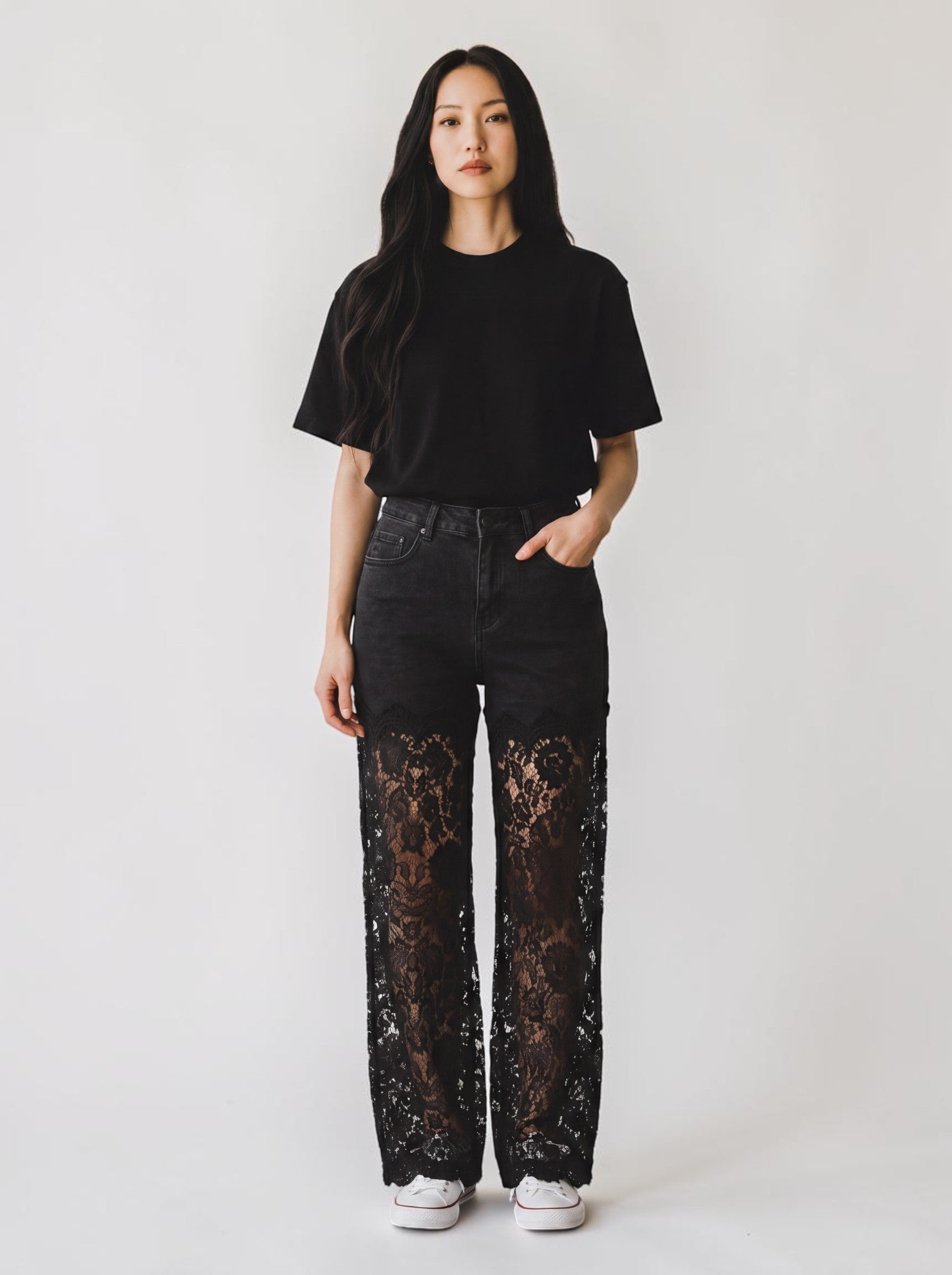 Jeans Wide Leg con Gamba in Pizzo Macramè
