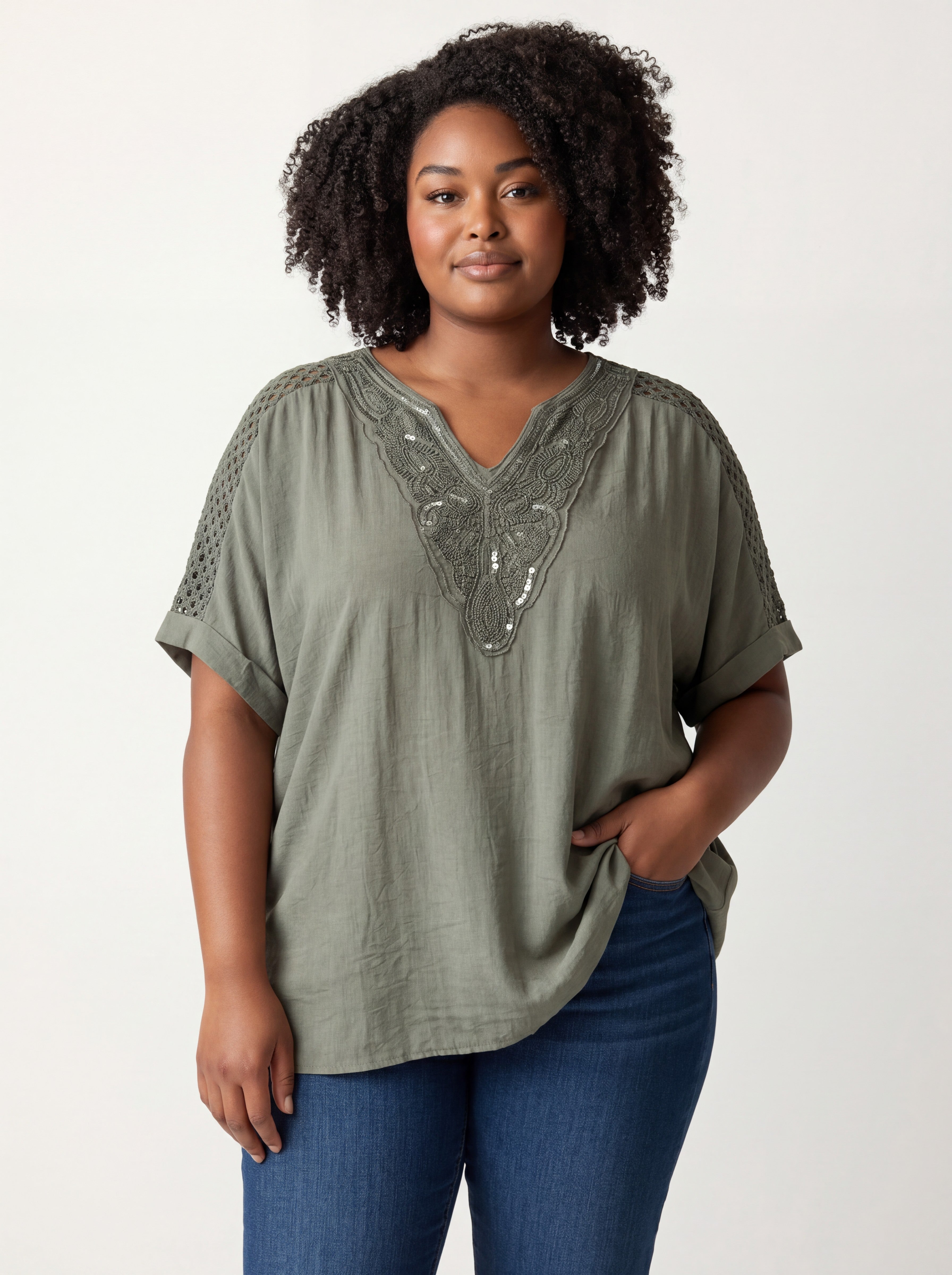 Blusa Over con Scollo a V e Ricami Bijoux