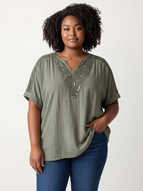 Blusa Over con Scollo a V e Ricami Bijoux