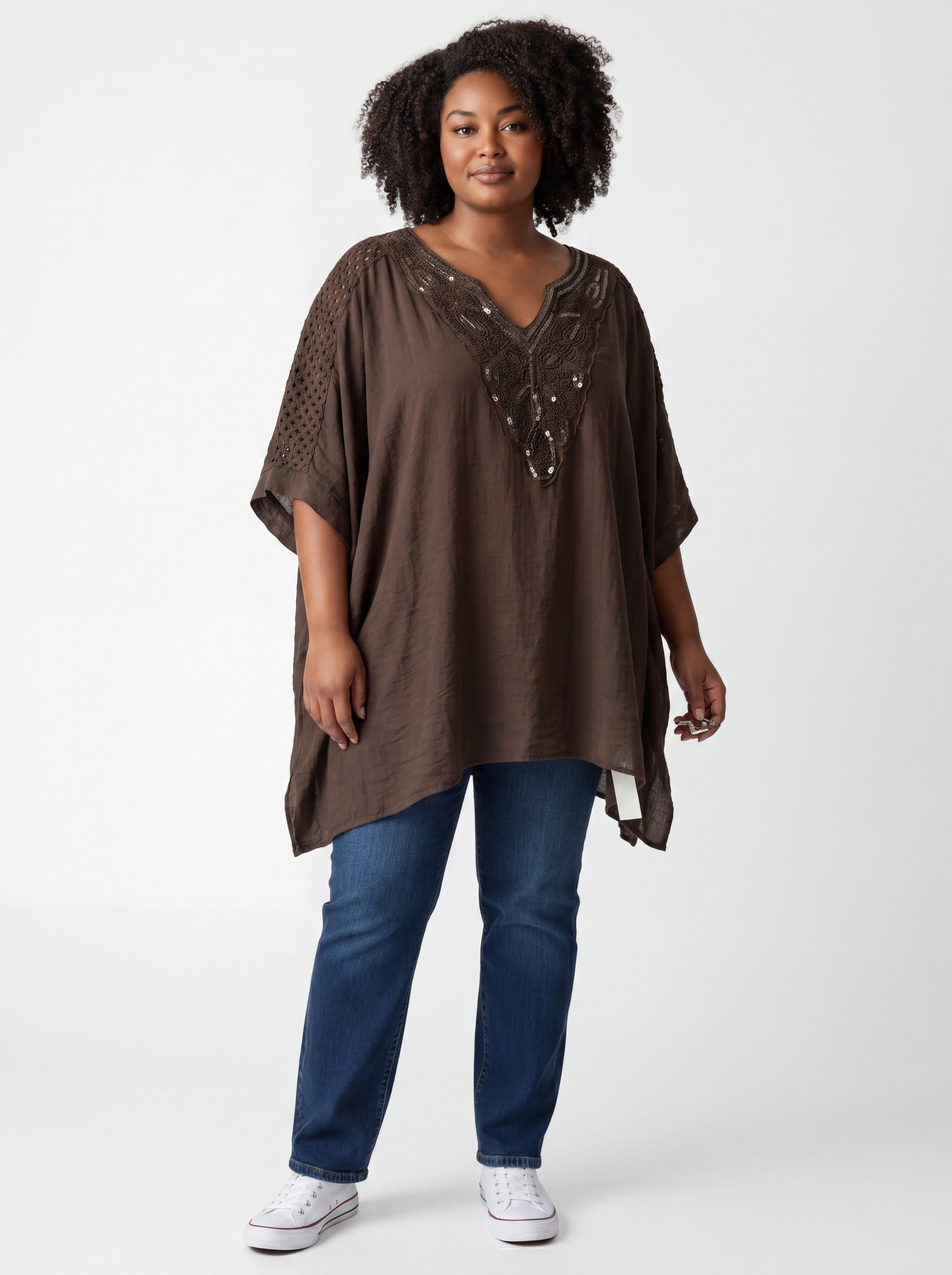 Blusa Over con Scollo a V e Ricami Bijoux