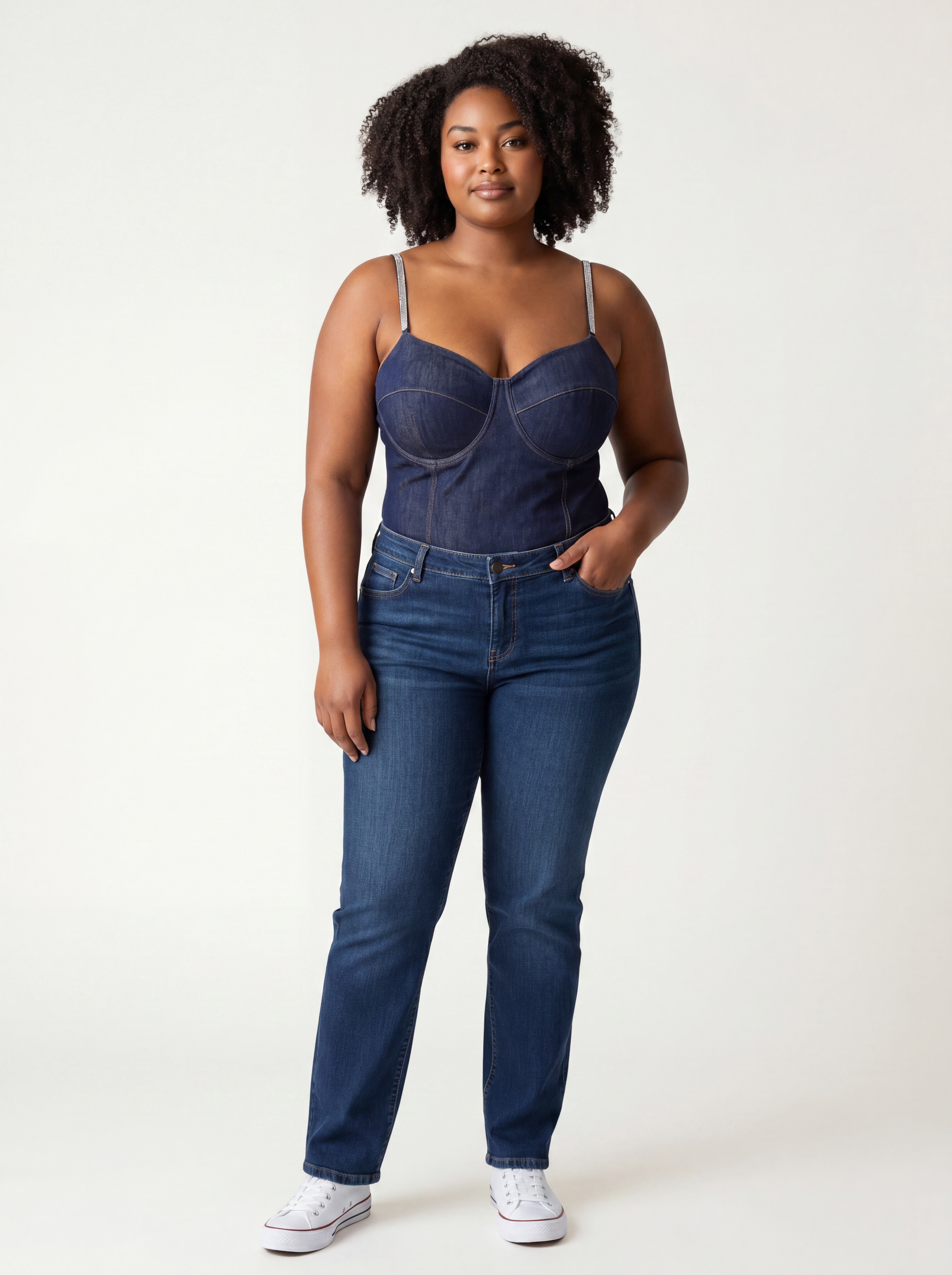 Body Bustier Effetto Denim con Spalline Strass