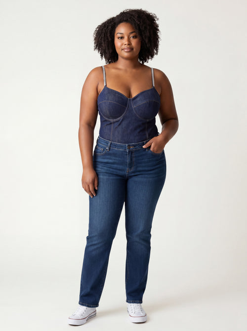 Body Bustier Effetto Denim con Spalline Strass