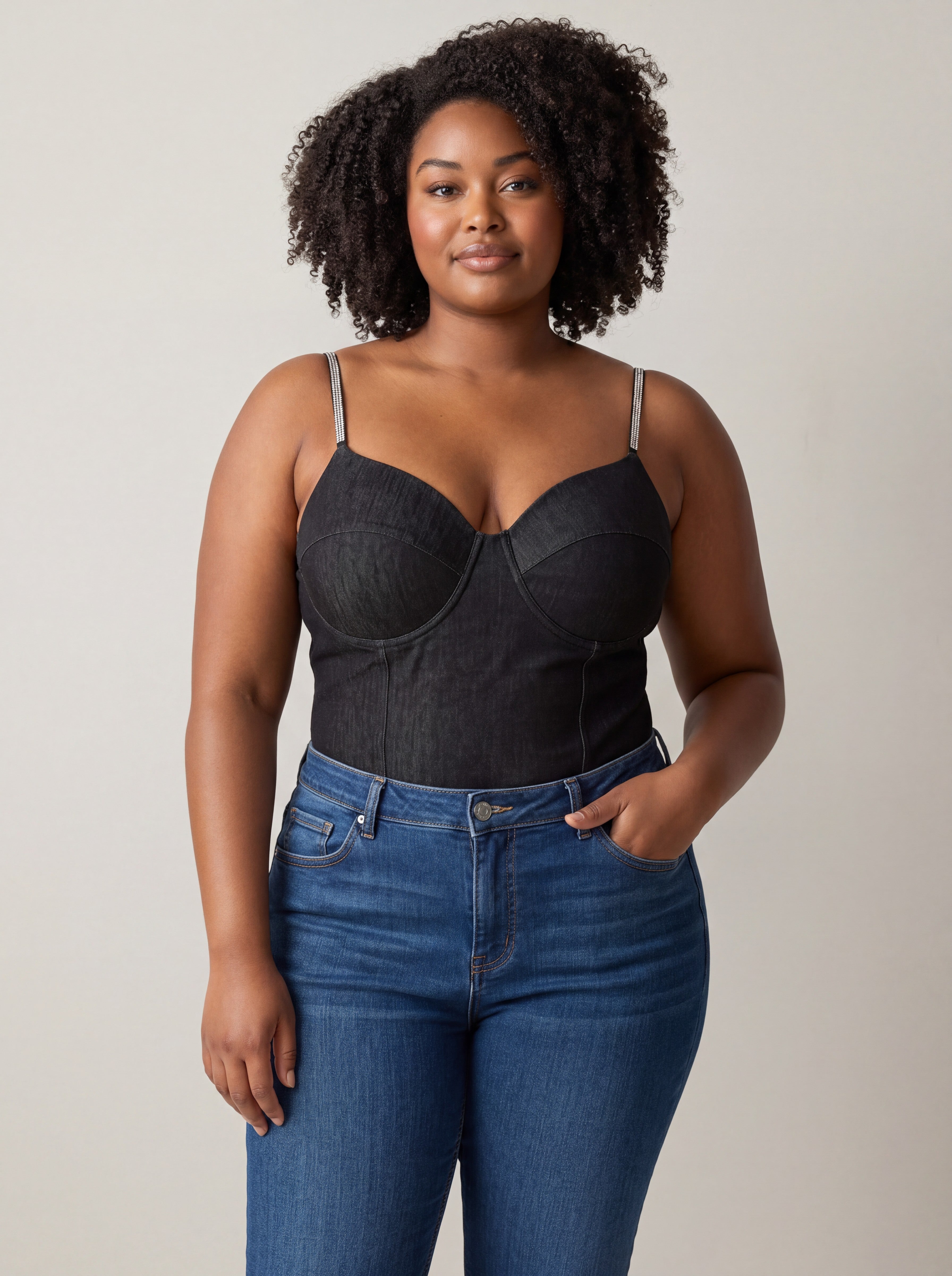 Body Bustier Effetto Denim con Spalline Strass
