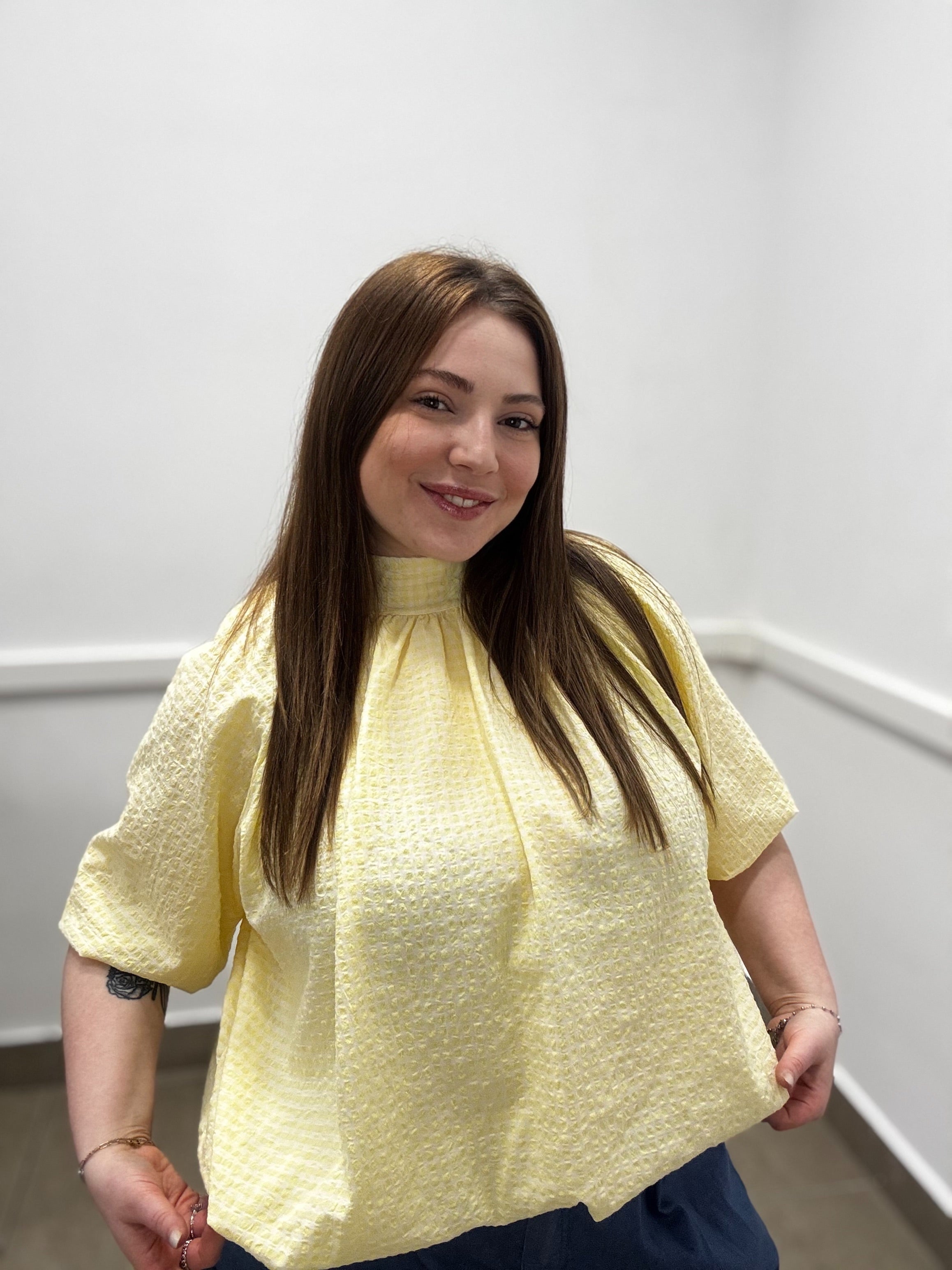 Blusa Gingham a collo alto con effetto palloncino