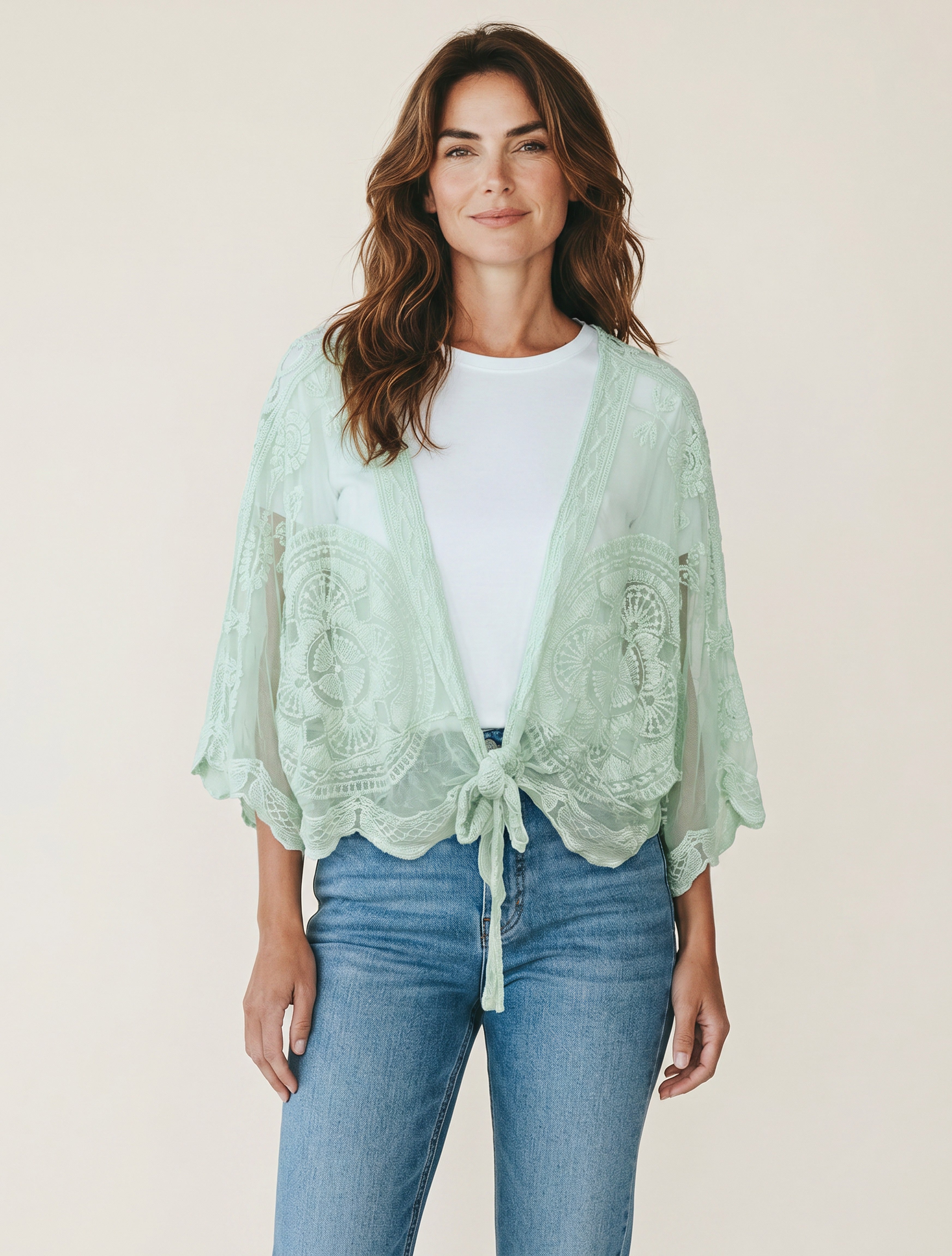 Cardigan Corto Kimono in Pizzo di Cotone