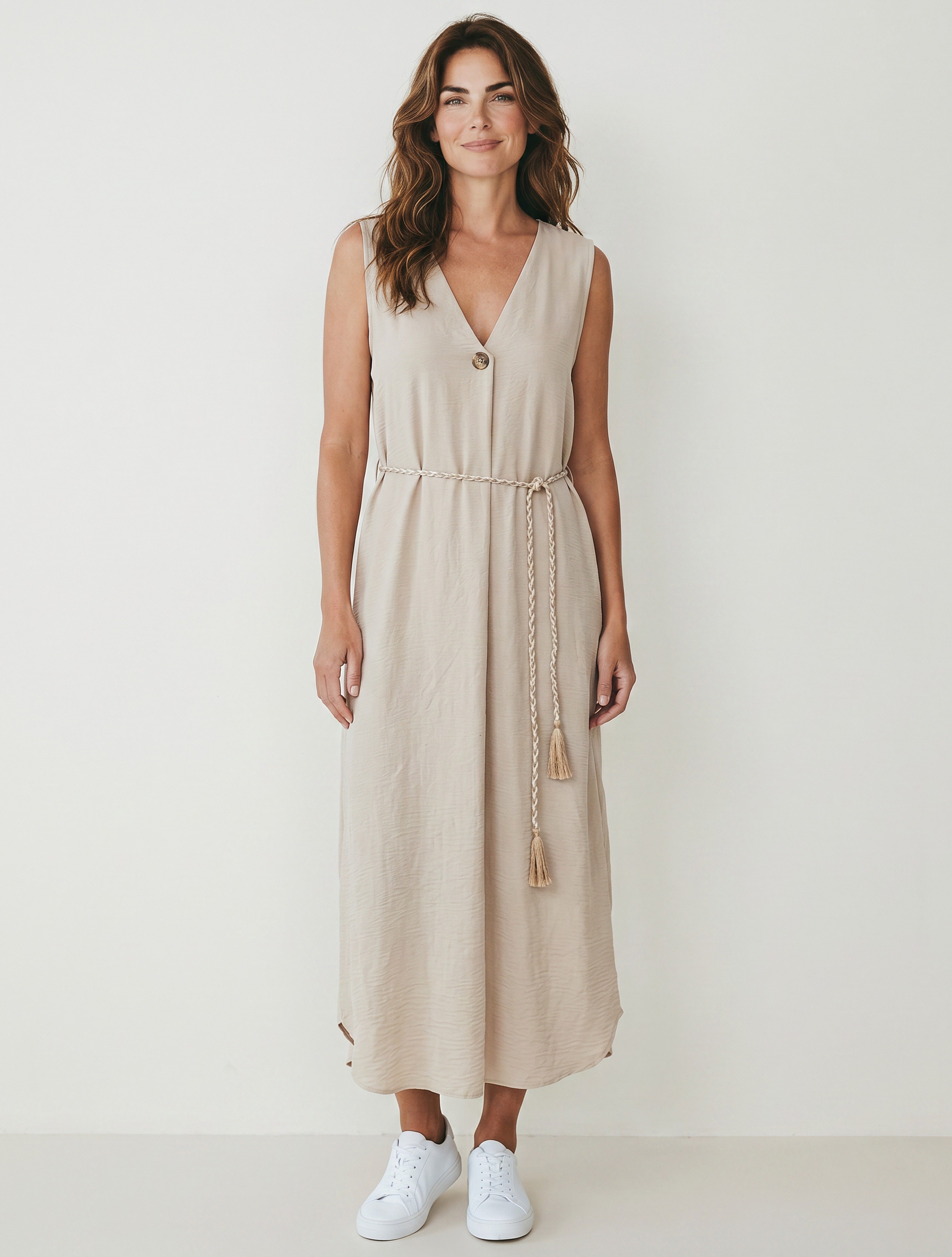 Abito Midi Fluido con Stampa Optical e Scollo a V