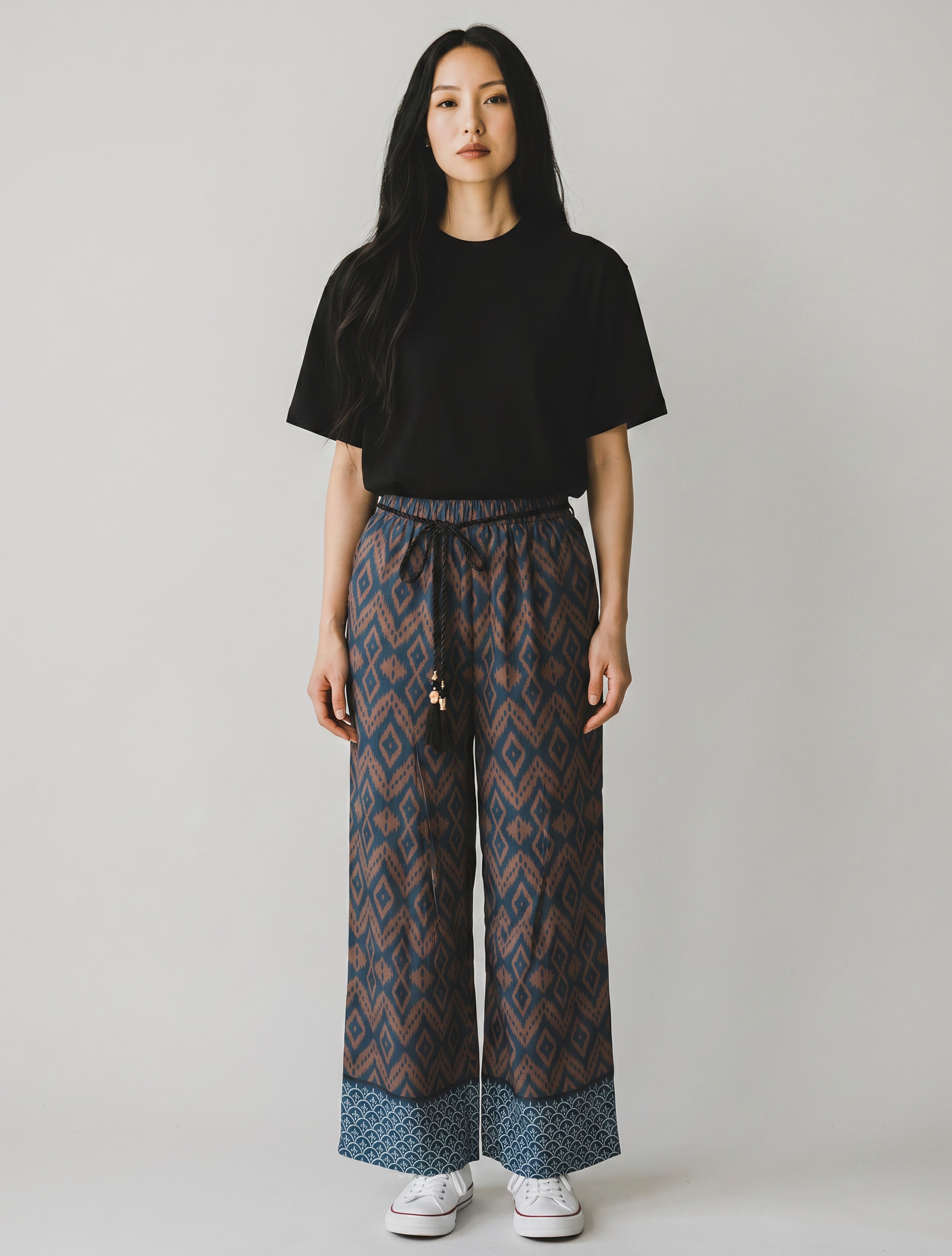 Pantalone Palazzo a Fantasia Etnica con Cintura a Cordoncino