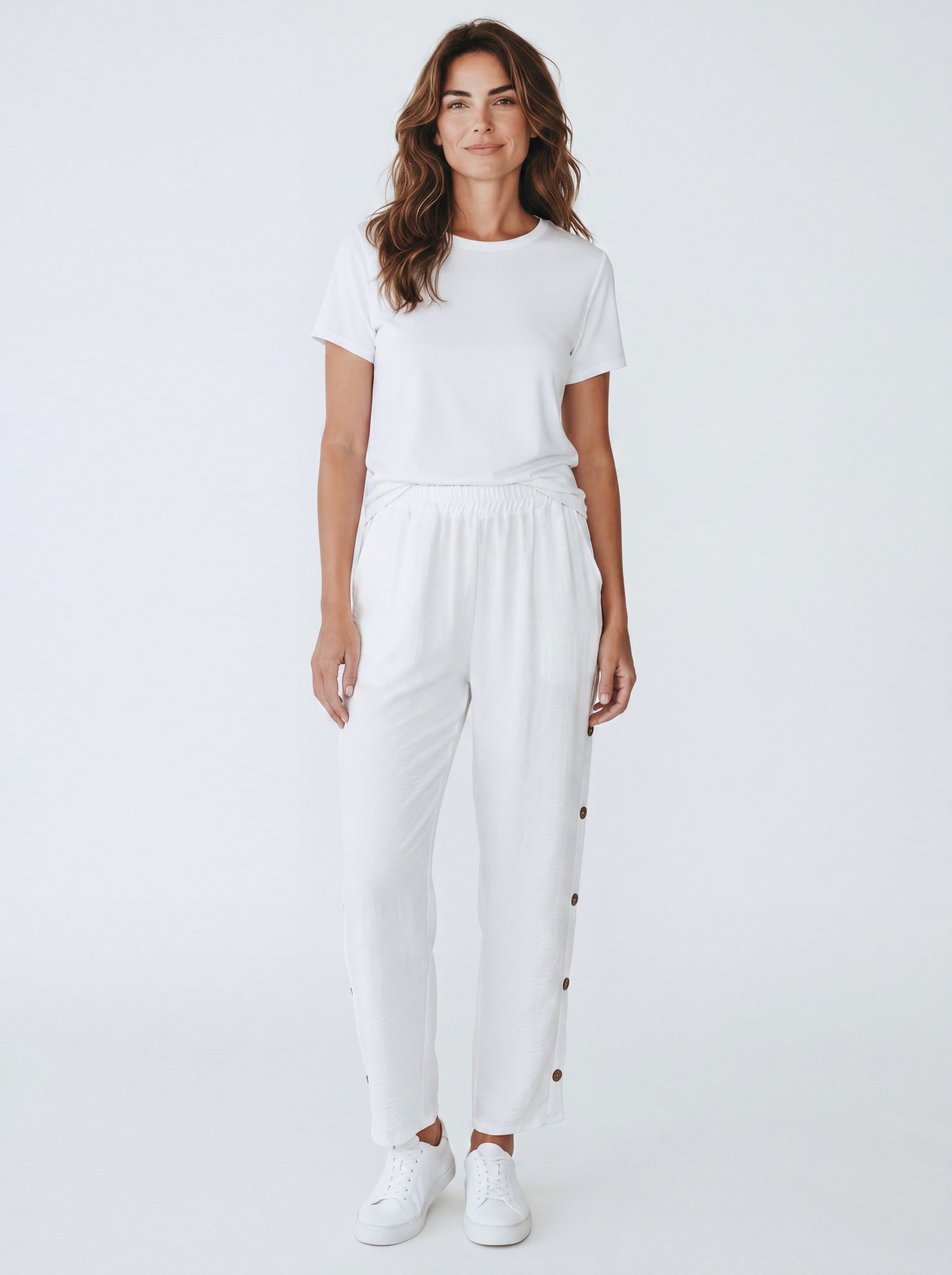 Pantalone Fluido Relaxed Fit con Bottoni Laterali ed Elastico in Vita
