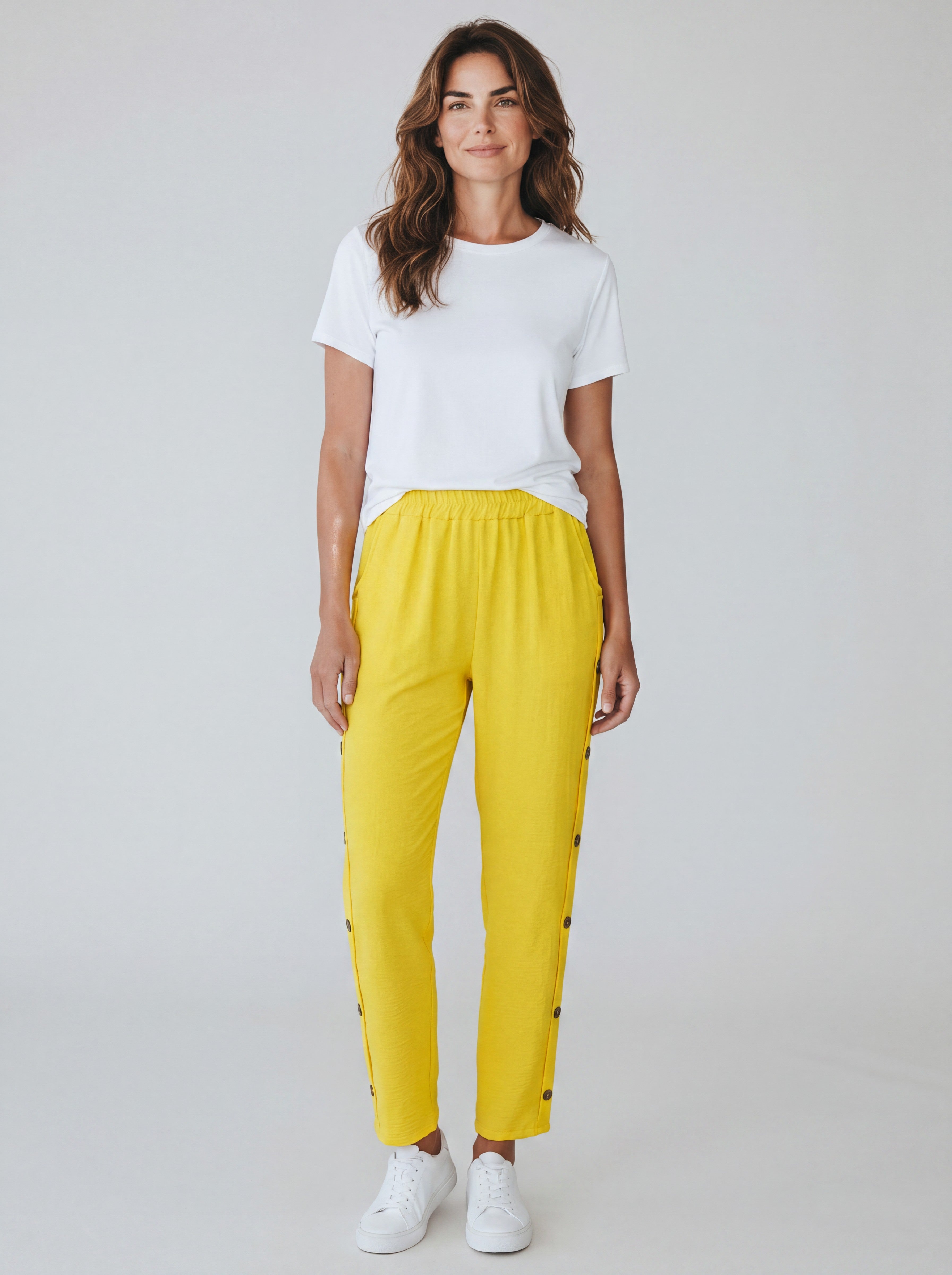 Pantalone Fluido Relaxed Fit con Bottoni Laterali ed Elastico in Vita