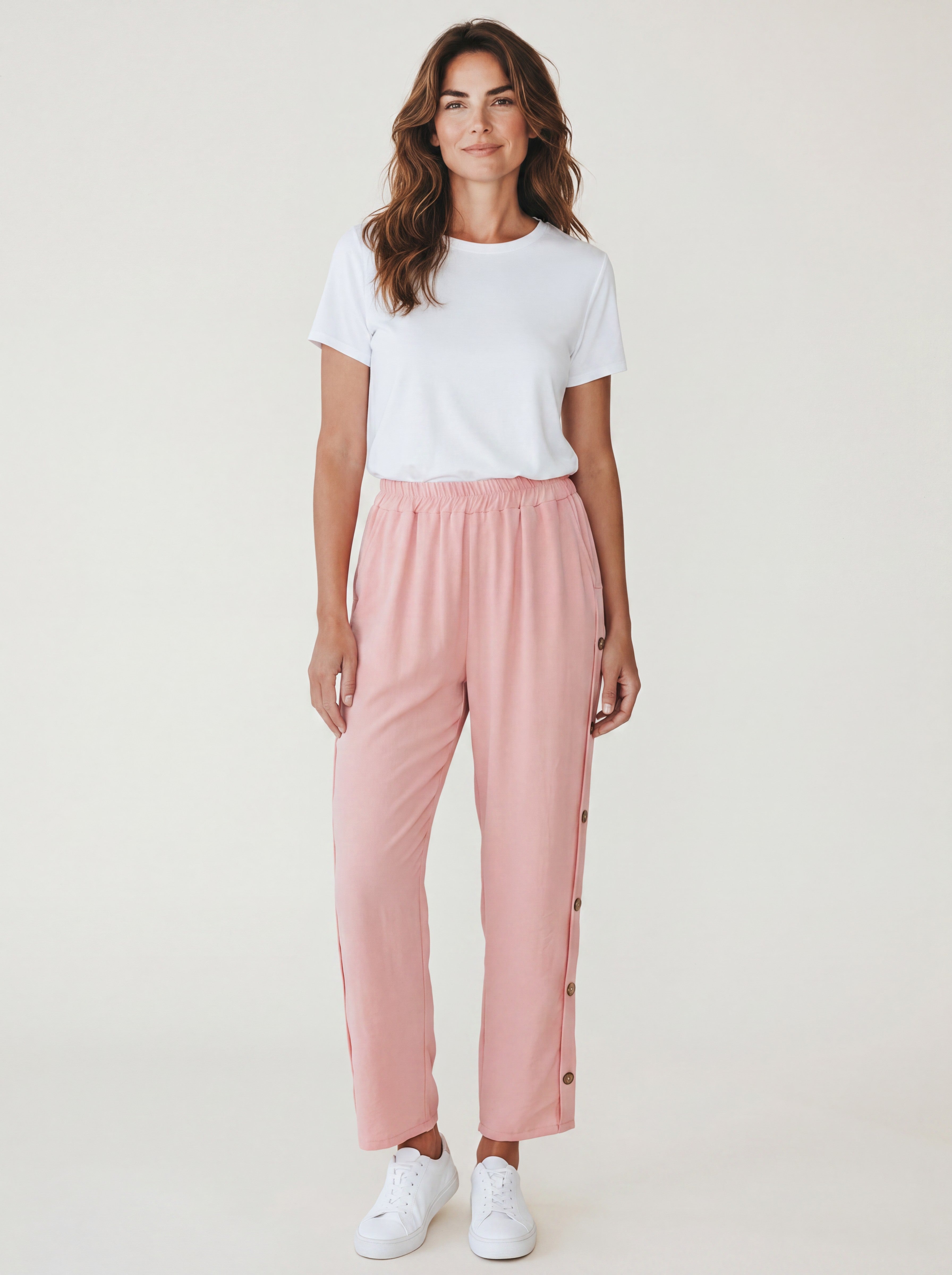 Pantalone Fluido Relaxed Fit con Bottoni Laterali ed Elastico in Vita