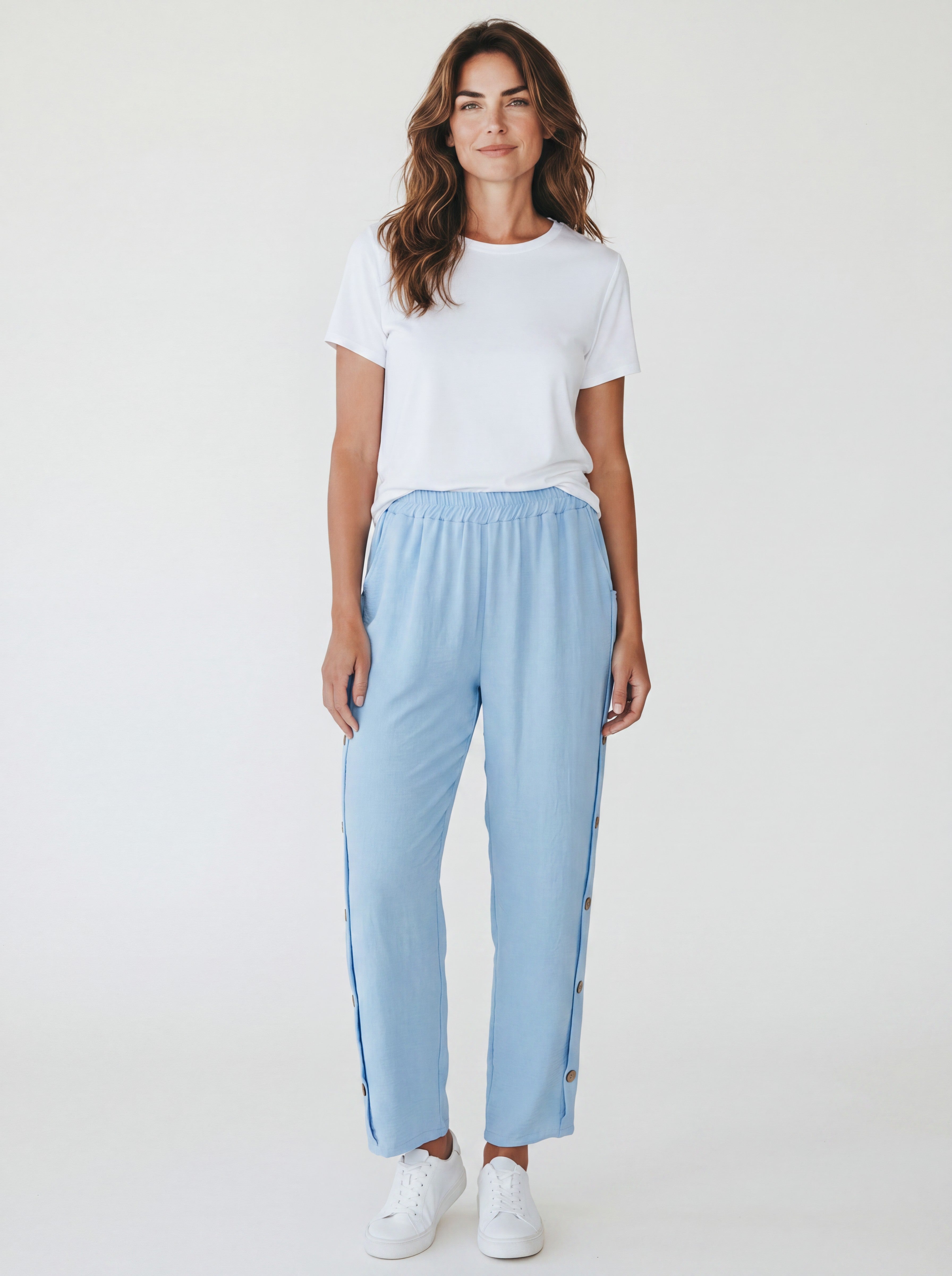 Pantalone Fluido Relaxed Fit con Bottoni Laterali ed Elastico in Vita