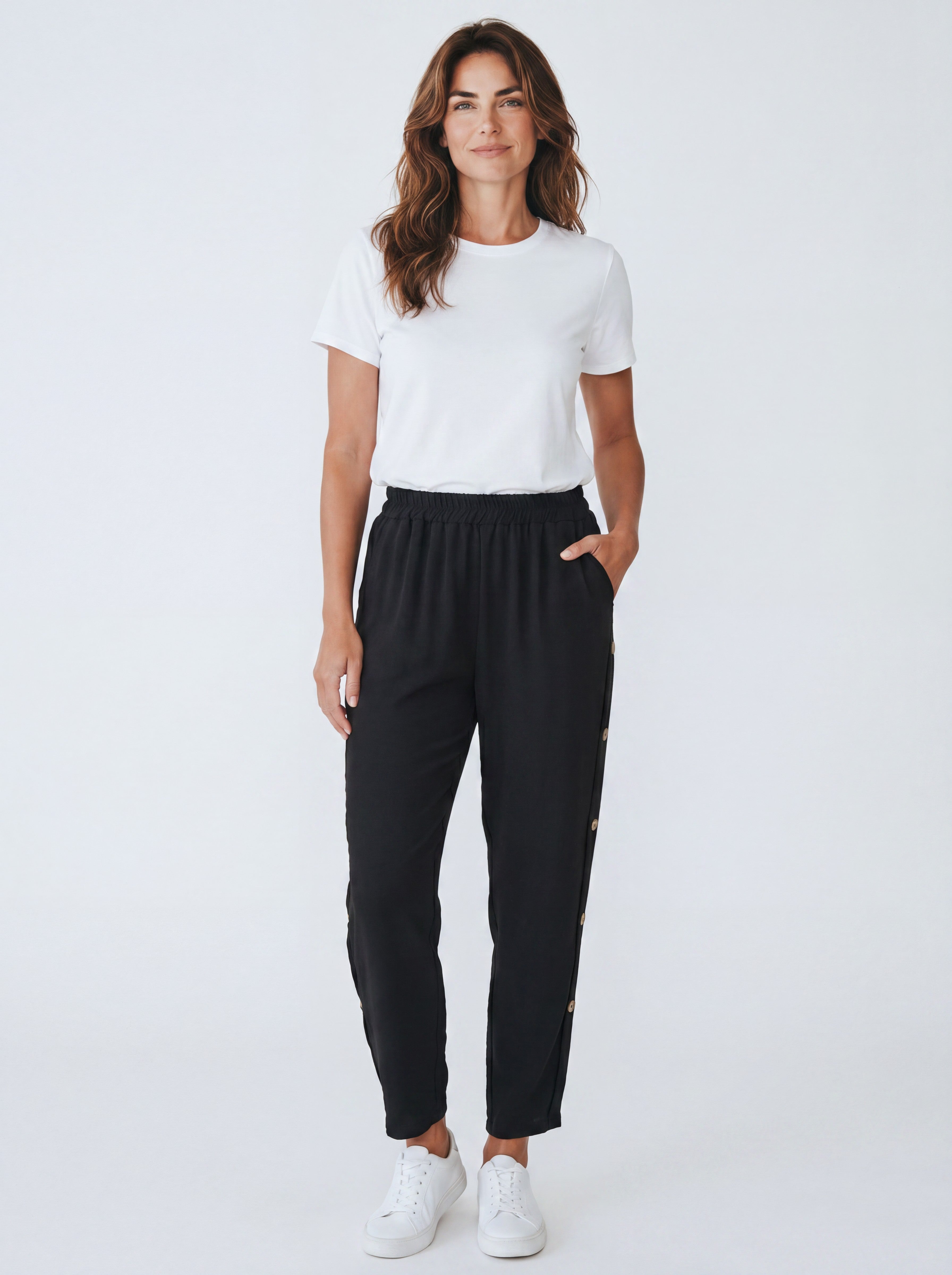 Pantalone Fluido Relaxed Fit con Bottoni Laterali ed Elastico in Vita