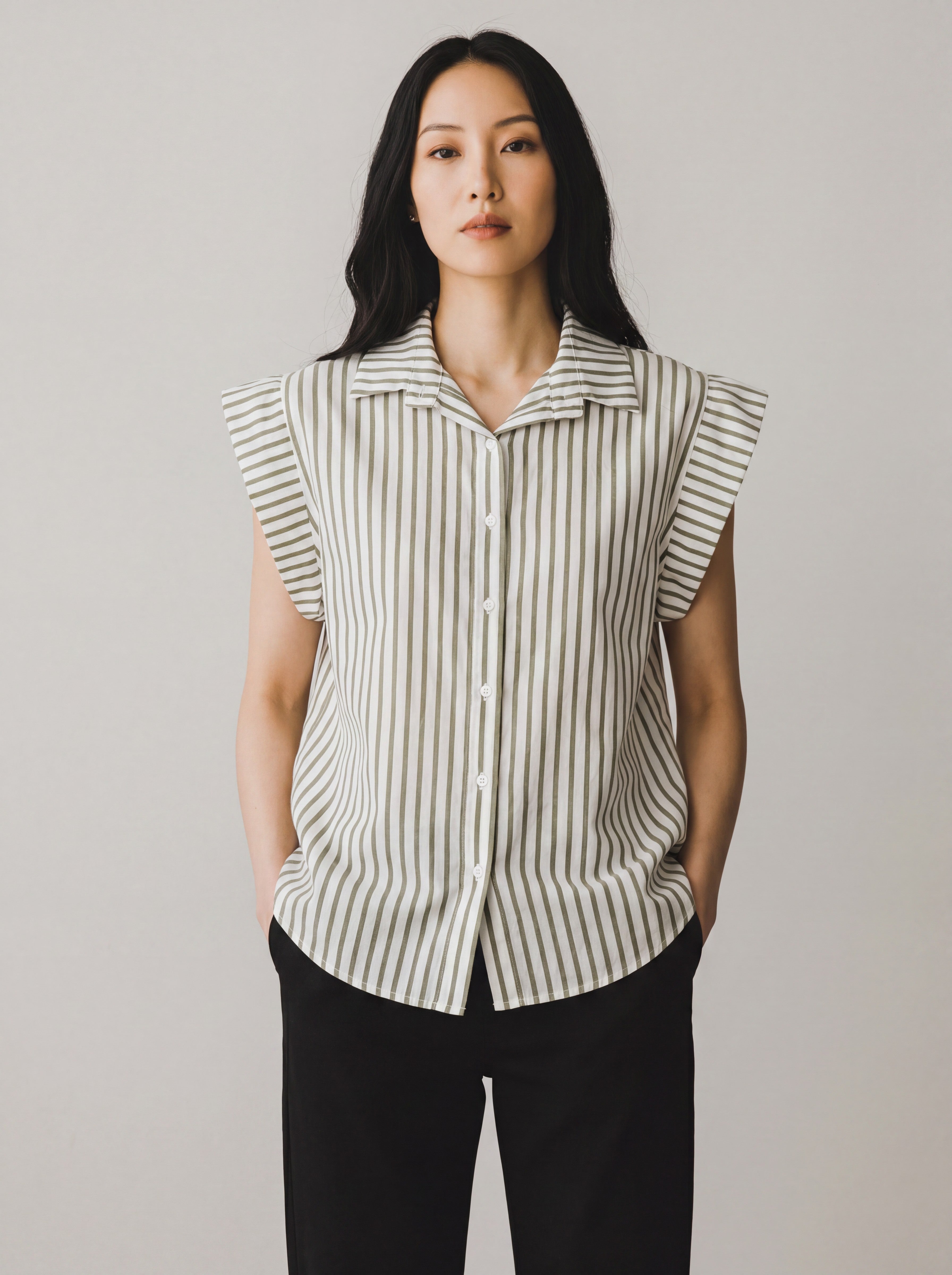 Camicia Smanicata a Righe con Manica ad Aletta e Scollo a Rever