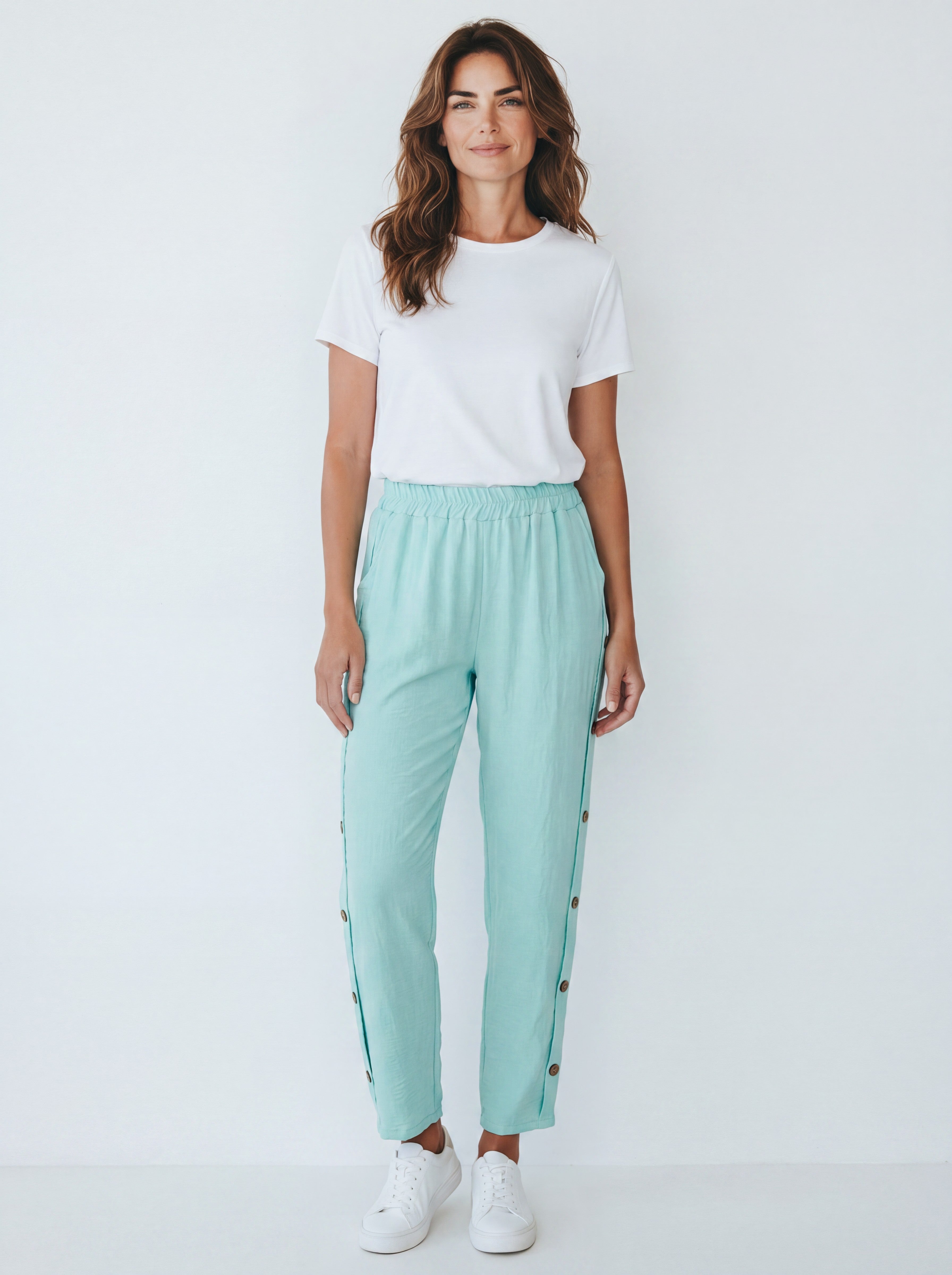 Pantalone Fluido Relaxed Fit con Bottoni Laterali ed Elastico in Vita