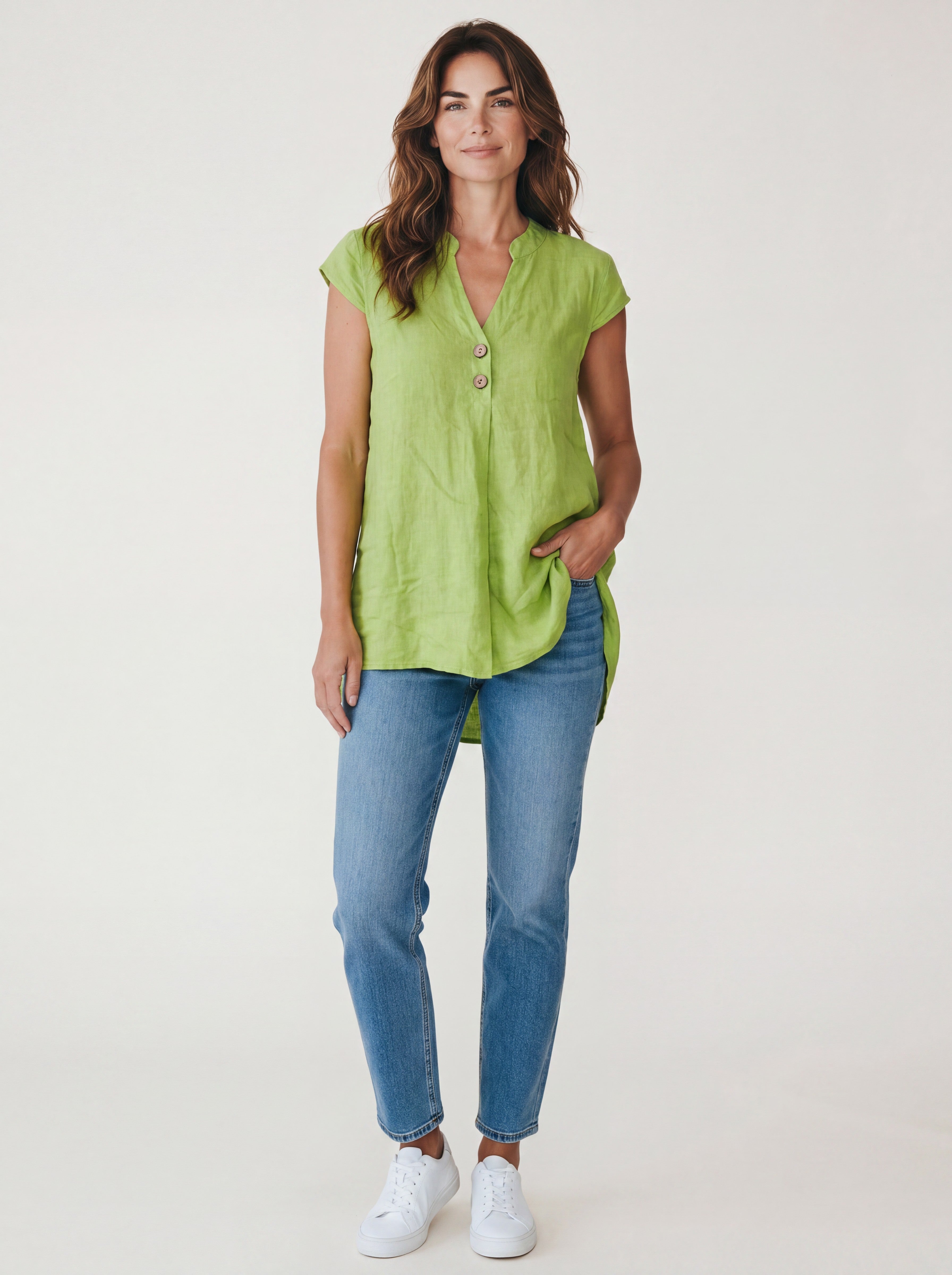 Blusa in 100% Lino con Scollo a V e Dettaglio Bottoni