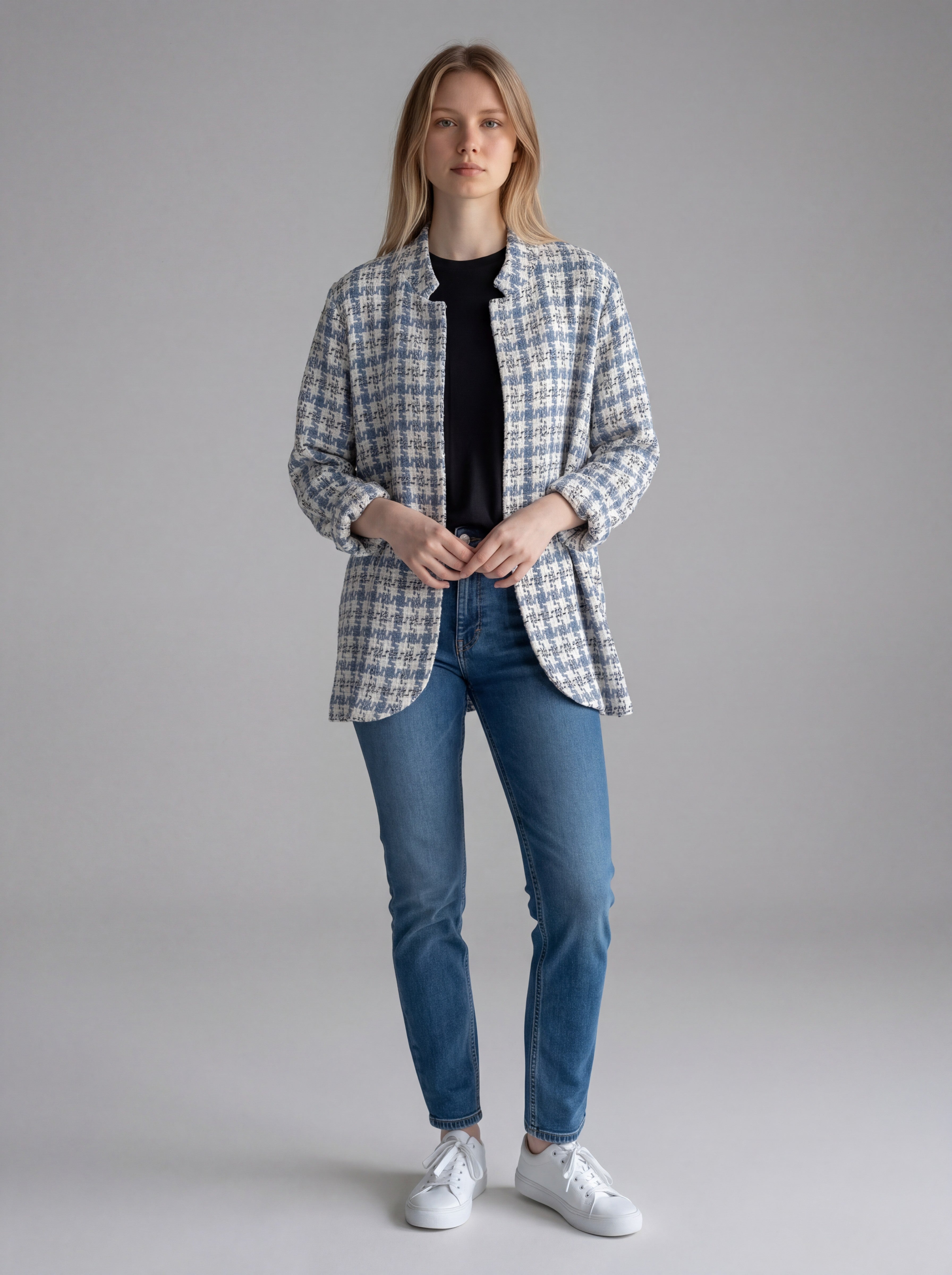 Giacca Blazer in Tessuto Bouclé a Quadri con trama tweed