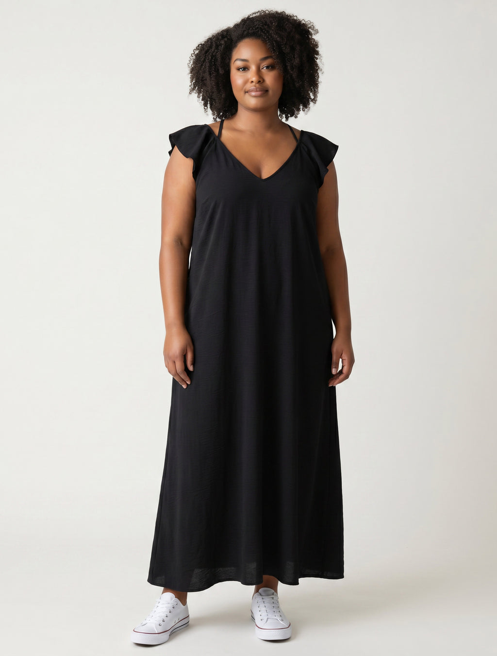 Abito Lungo Curvy Goffrato con Scollo a V e Intreccio sul Retro