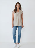 Blusa in 100% Lino con Scollo a V e Dettaglio Bottoni