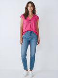 Blusa in 100% Lino con Scollo a V e Dettaglio Bottoni