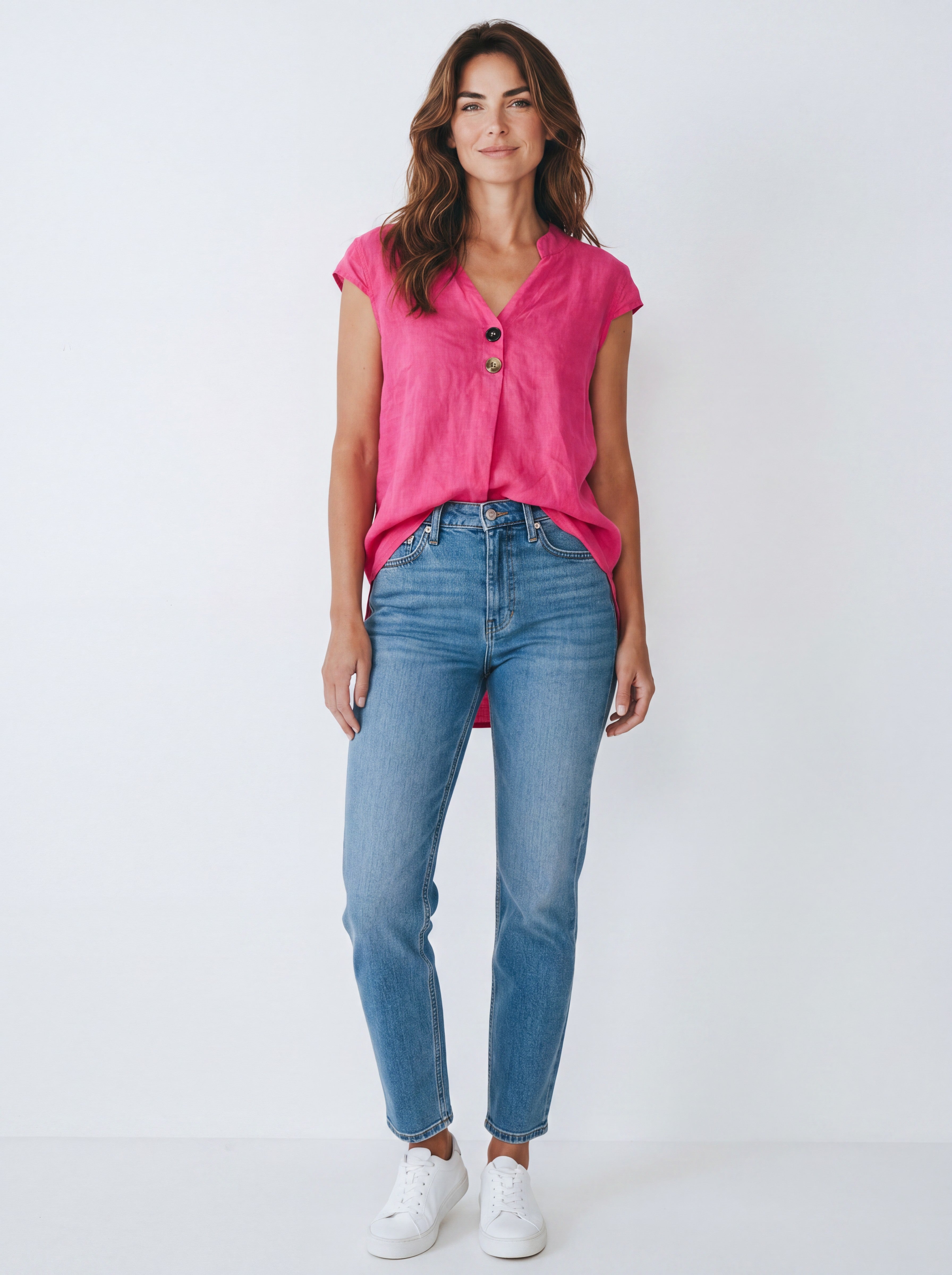 Blusa in 100% Lino con Scollo a V e Dettaglio Bottoni