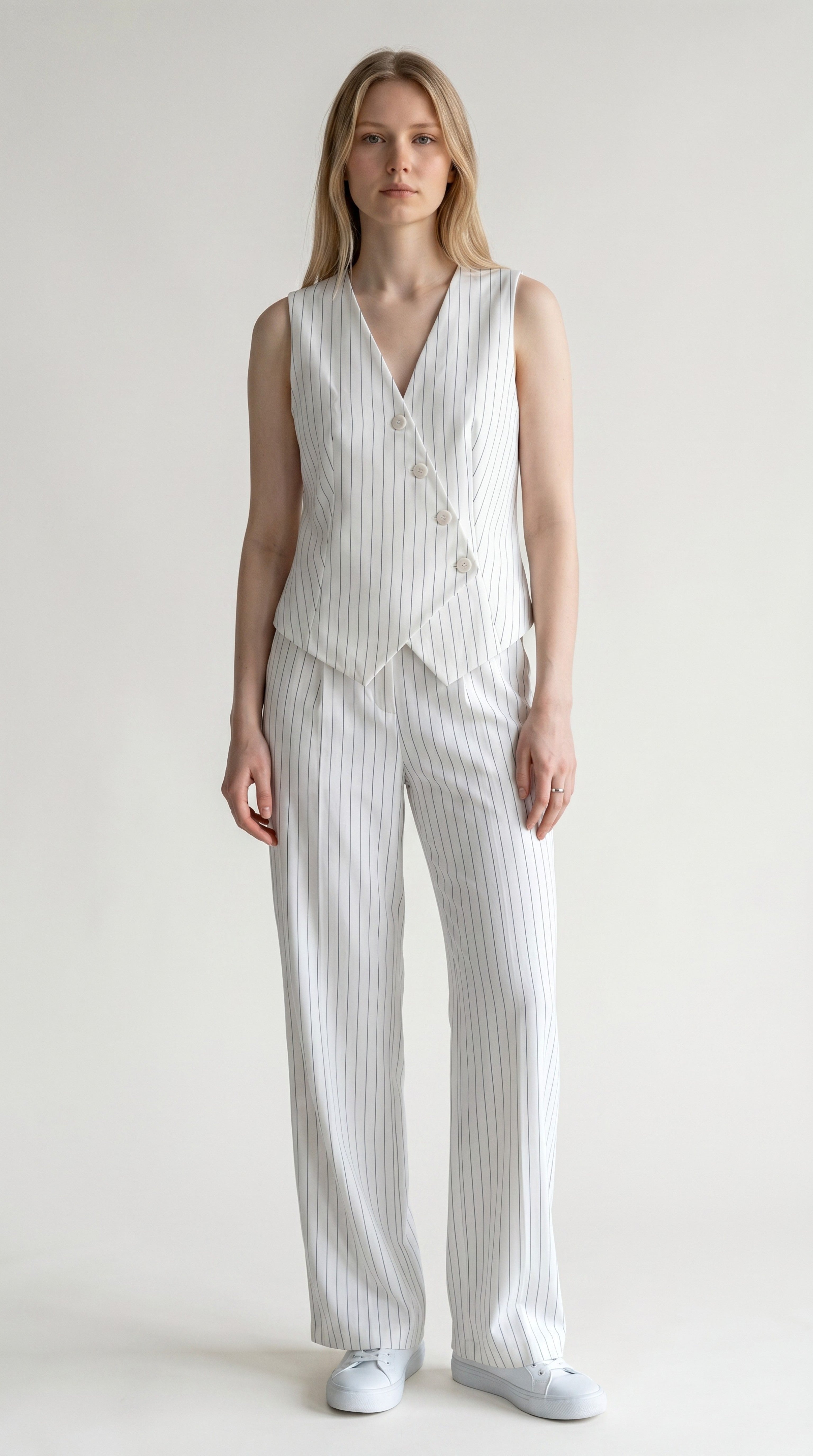 Completo Gessato con Gilet Asimmetrico e Pantalone a Gamba Larga